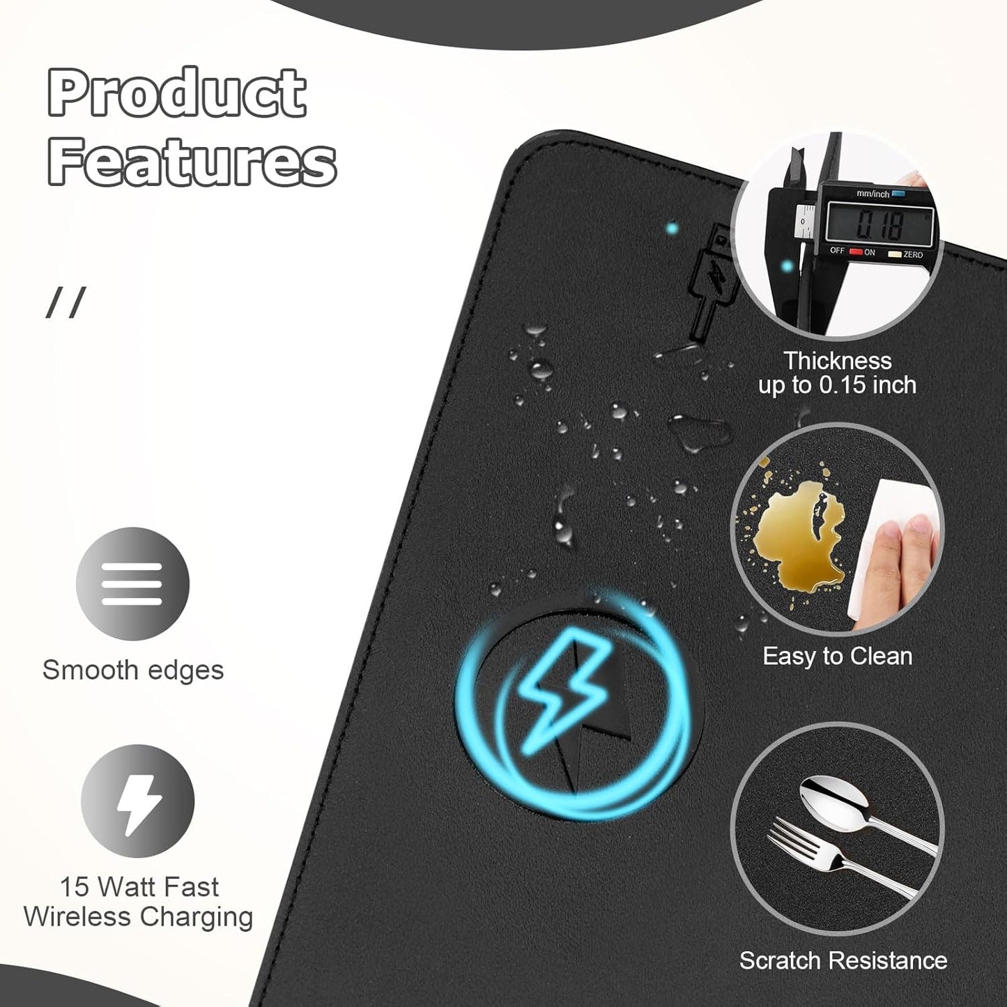 Wireless Charging Mouse Pad Firelison 2 in 1 Leather Multifunctional Office Desk Pad with Non-Slip Rubber Base, Waterproof Desk pad for Computers/Office/Work/Home/Decor（ 12" x 10"Black - L）