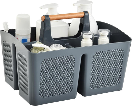 Haundry Plastic Gray Shower Caddy Basket with 3 Compartments, Portable Divided Bathroom Cleaning Caddy Organizer Storage Tote with Handle for Dorm,College, Room Essentials