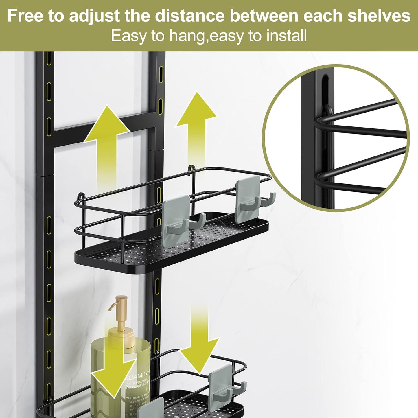 Orimade Adjustable Hanging Over the Shower Door Caddy,Bathroom Organizer Shelf Storage with 4 Hooks for Razor,No Drilling Rustproof Shower Rack Basket, 4 Tier, Matt Black