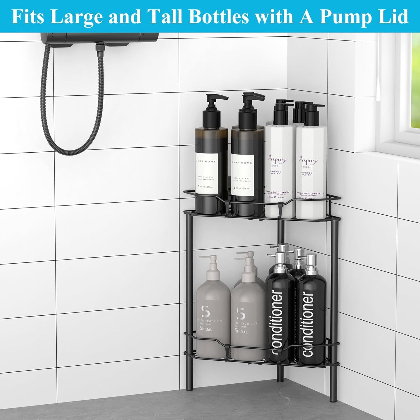 2 Tier Floor Standing Corner Shower Caddy Organizer Shelf with Hooks, Bathroom Shelves Stand Rack, Matt Black