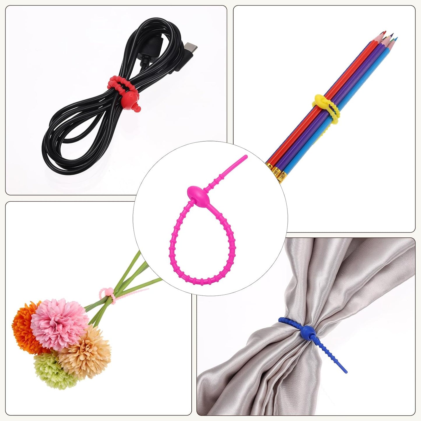 PATIKIL 8 Inch Silicone Cable Ties, 20pcs Rubber Reusable Twist Zip Ties Organizer for Home Office Kitchen Food bags Wires Adjustable Bag Clip, Rose Red