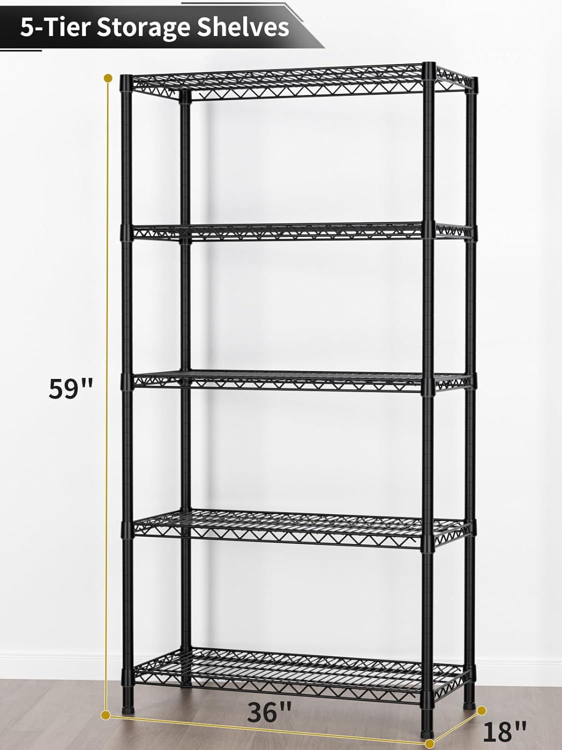 5 Tier Heavy Duty Adjustable Storage Shelf Organizer Storage Metal Shelves Garage Wire Shelving Unit Pantry Rack 18" D x 36" W x 71.25" H,Black