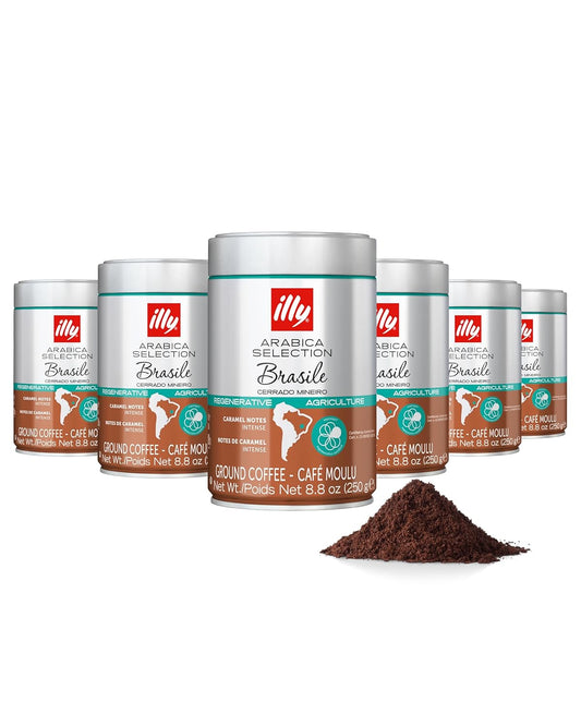 Illy Ground Espresso Coffee, Brasile Cerrado Mineiro Medium Roast - Notes of Caramel and Dried Fruit -100% Arabica-Pre-Ground for Espresso-Pressurized Packaging Sealed for Freshness - 8.8oz(Pack of 6)