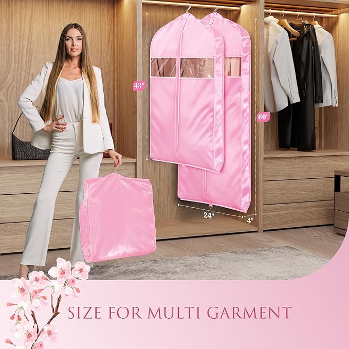 Univivi Super Soft Satin Garment Bags for Hanging Clothes, 43 Inch Zippered Suit Cover with Gussets, Breathable & Non-smell for Suits, Coats, Jackets, Shirts, 2 Pack - Pink