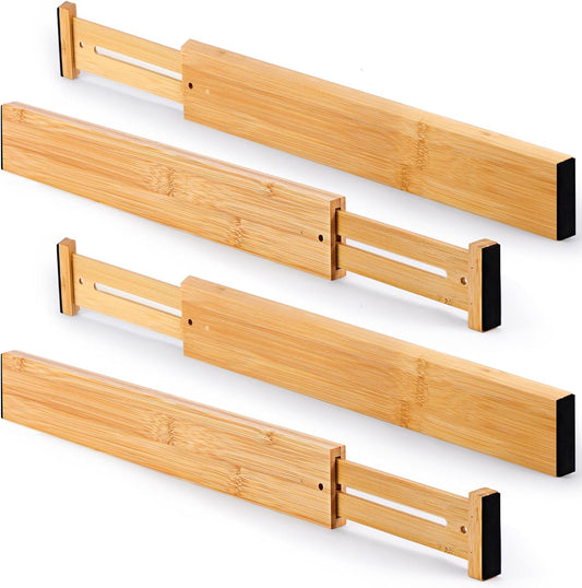Bamboo Drawer Dividers Organizers, Kitchen Drawer Dividers for Clothes, Adjustable Drawer Separators for Dresser, Bedroom, Bathroom, Office, 4 Pack, 17“-22”