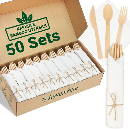 Pre Rolled Napkin and Bamboo Cutlery Set - 50 Sets (200 PCS)Disposable Wrapped Bamboo Utensils (50Forks,50Spoons,50Knives,50Compostable Napkins)-Wooden Silverware/Wrapped Plastic Tableware Alternative