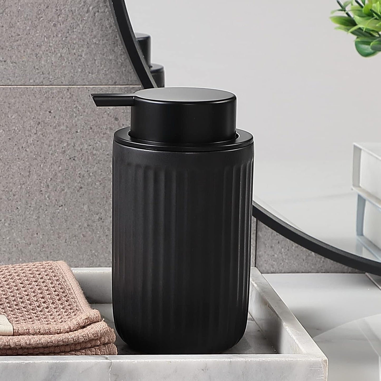 Black Soap Dispenser Set- Modern Ceramic Hand Dish Soap Dispenser for Bathroom Refillable Liquid Hand Soap Dispenser with Soap Pump for Lotion Soap for Farmhouse Kitchen Decor Dish 2 Pack