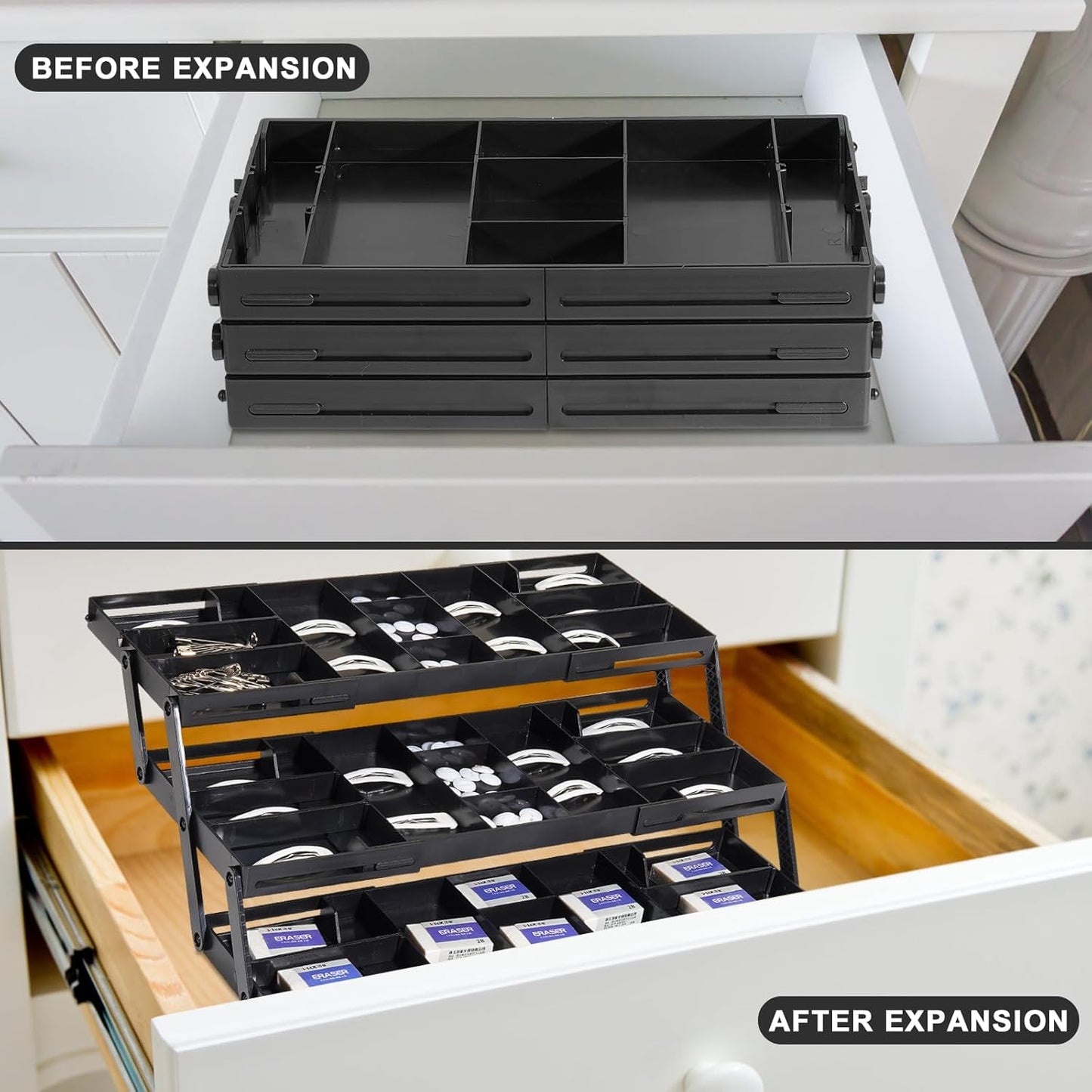 Aobiono Multi Level Smart Drawer Organizer, Multi Tier Expandable Storage Collapsible Foldable Trays for Jewelry, Cosmetics, Makeup, Tools, Battery (Black, Single Row - 3 Levels)