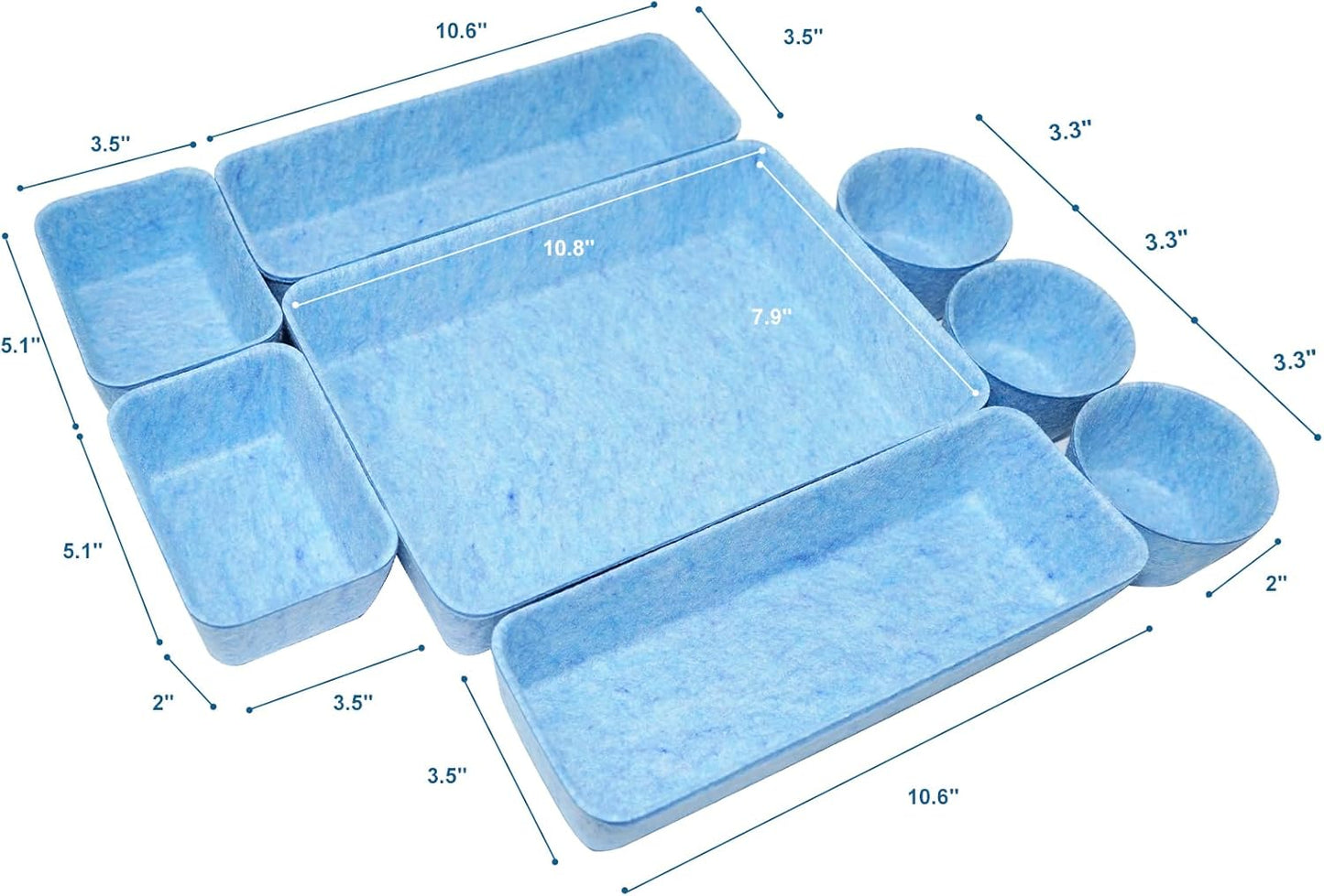 Felt Desk Drawer Organizer Tray,8 Pack Office Desk Drawer Dividers,Felt Drawer Small Round Storage Box For Saving Space,Makeup Drawer Organizer Bins.(Blue)