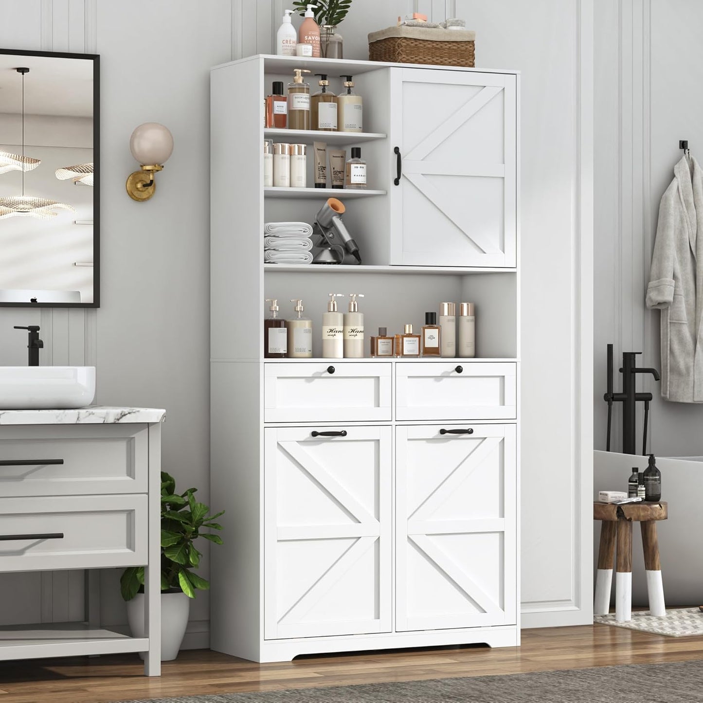 78" Tall Tilt-Out Double Doors Laundry Cabinet Hamper w Hidden Laundry Hamper,Large Pull Out Laundry Room Storage Cabinets,Kitchen Double Tilt Out Trash Cabinet,13X2 Gallon Bathroom Organizers(White)