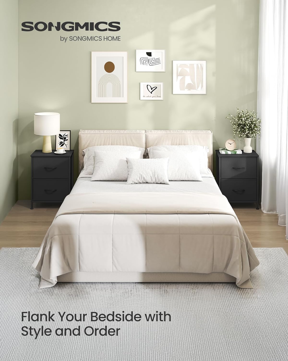 SONGMICS Dresser for Bedroom, Chest of Drawers, Nightstand, Steel, MDF, 2 Non-Woven Fabric Drawers, Storage Organizer Unit, Closet, Entryway, Ink Black and Ebony Black ULGS312B01S