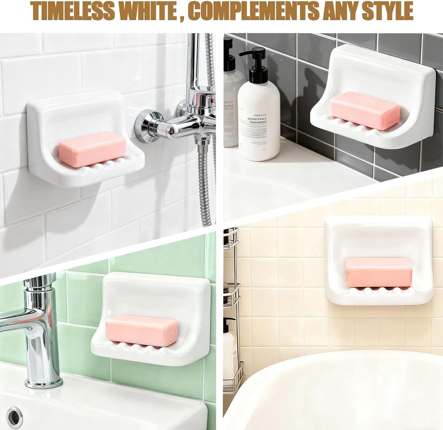 OTHIX Shower Soap Holder & Ceramic Soap Dish for Shower Wall Fits 4x4 Inch Tile Walls, Heavy-Duty Soap Tray with Drainage Slope for Bathroom, Easy Install, No-Slip, White