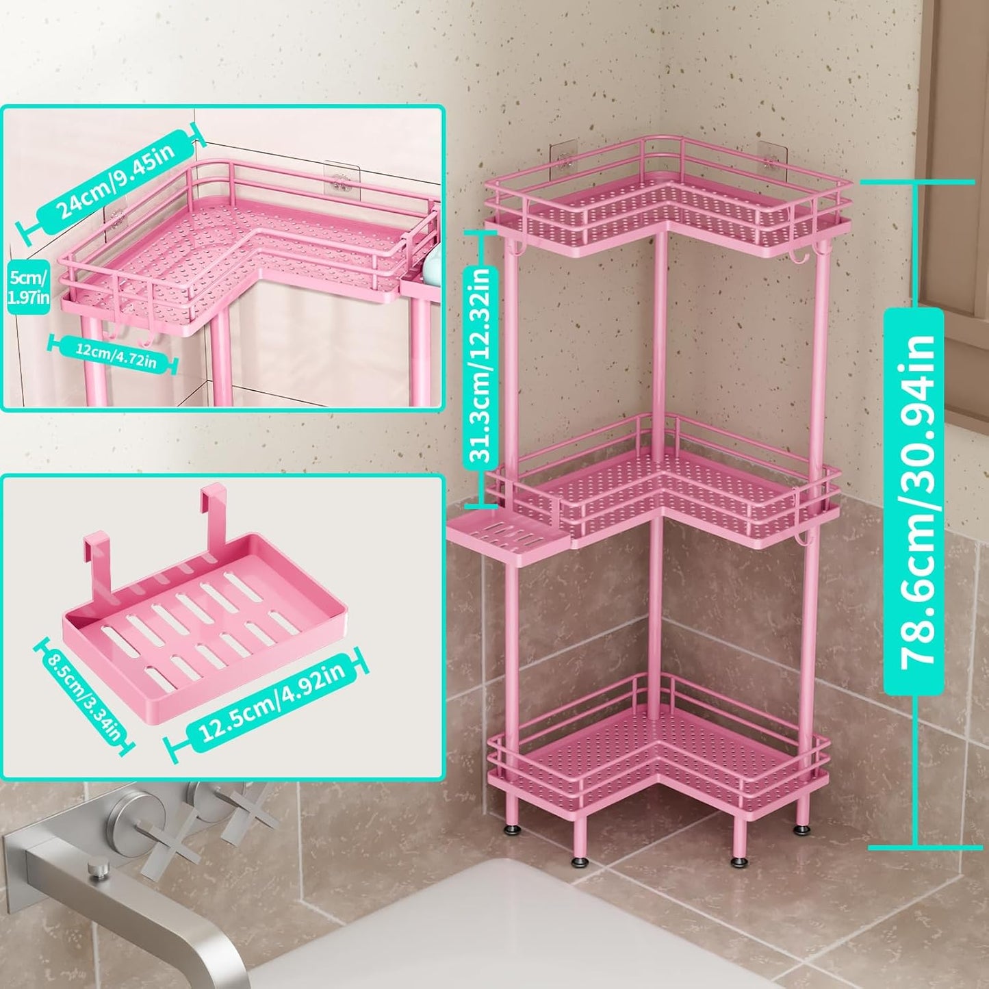 HapiRm Corner Shower Caddy Standing - 3 Tier Shower Organizer Corner with Soap Holder, Rustproof Bathroom Standing Organizer with 4 Hooks, Pink