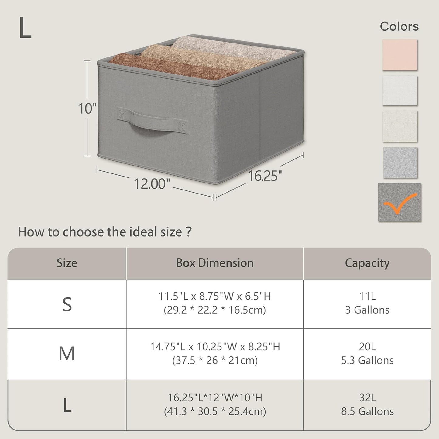 3 Pack Fabric Storage Bins for Shelves | 16.25x12x10in Closet Storage Baskets | Collapsible Storage Bins |Fabric Closet Organizers with Handles | Grey