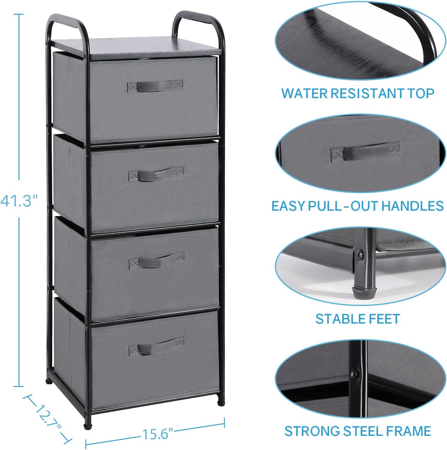 MAX Houser 4 Drawer Fabric Dresser Tall Storage Tower, Dresser Chest with Wood Top, Vertical Nightstand Side Organizer Unit with Metal Frame for Closets Bedroom Nursery Room Hallway(Leaden)