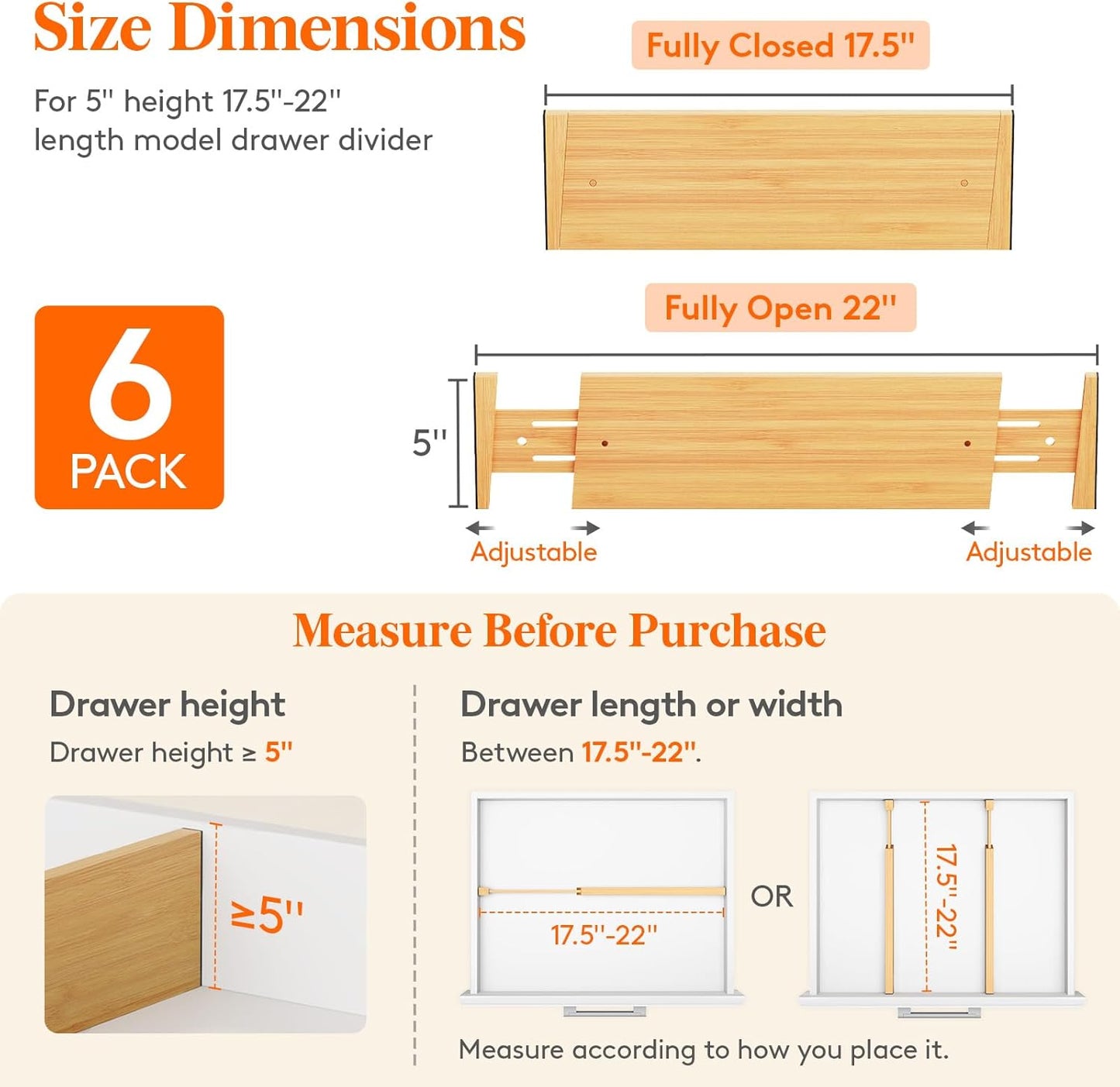 Lifewit 6 Pack 5" Deep Bamboo Drawer Dividers, 17.5-22" Expandable Drawer Organizers for Clothes, Adjustable Dresser Drawer Divider, Clothing Drawer Separators for Dresser, Bedroom, Bathroom, Kitchen