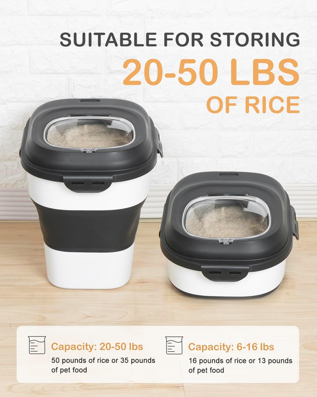20-50 Lbs Food Storage Containers,Collapsible Rice Container with Wheel Airtight Locking Lid,Flour Storage Container with Small Food Container and Scoop,Suitable for Food,Rice,Pet Food,Flour