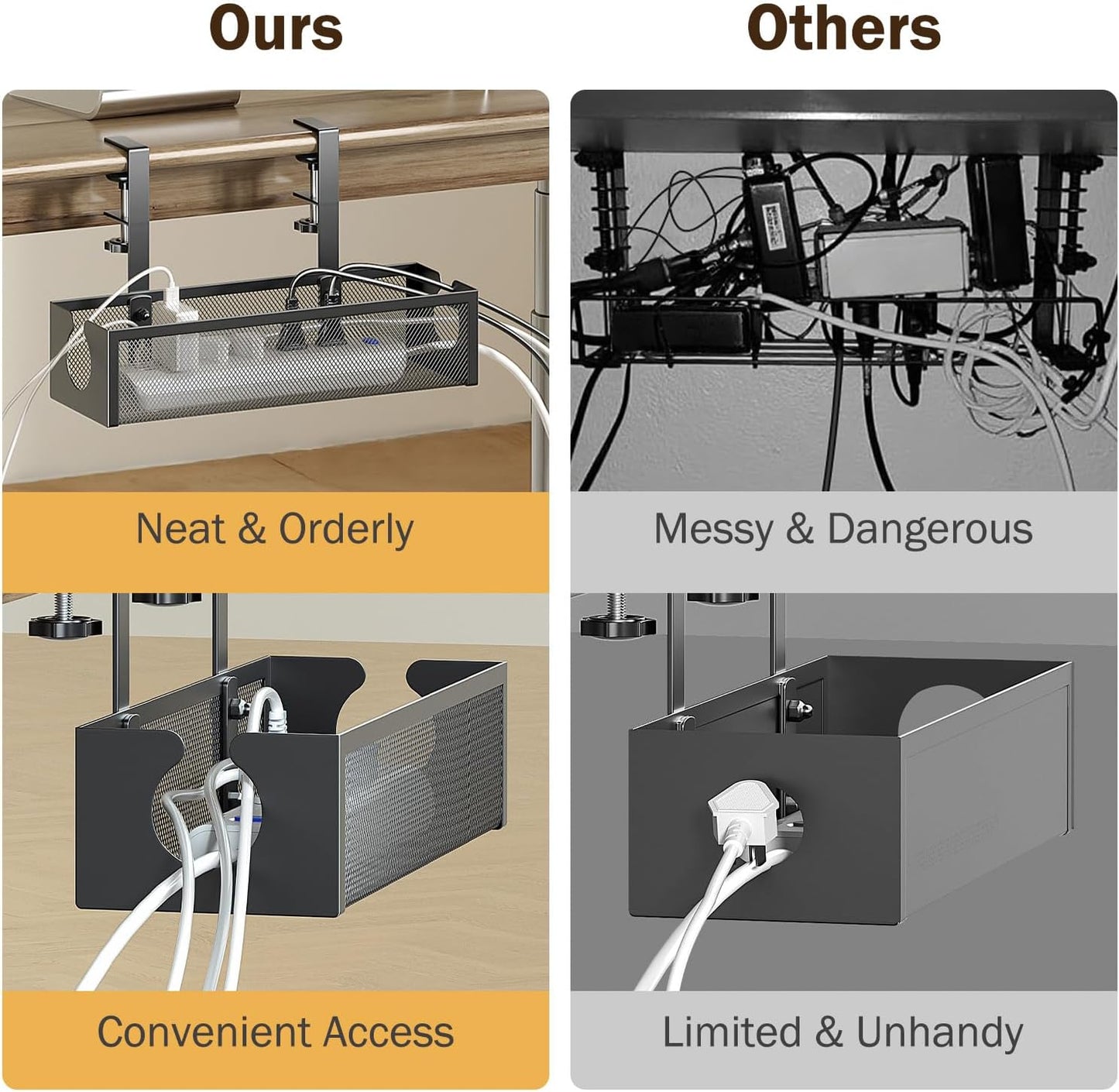 DELAMU Under Desk Cable Management Tray, No Drill Metal Mesh Cable Management Under Desk with F-Clamp Mount & 2 Open Holes, Cord Organizer for Home Office, 1 Pack, Black
