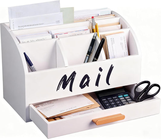 goprety Mail Organizer for Desk - Countertop Bill Holder with File Storage, Wooden Desktop with Drawers - Home & Office Mail Management System