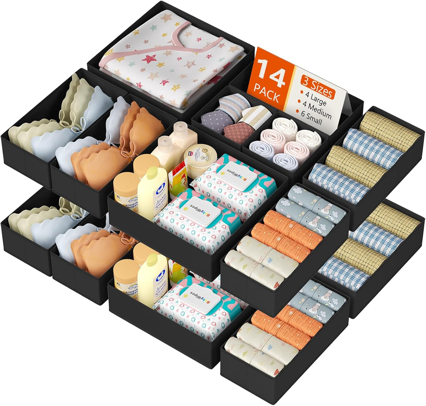 DIMJ Drawer Organizer Clothes 14 Pack - Foldable Baby Organizers and Storage & Dresser Organizer for Bedroom, Closet - Nursery Organization Dresser Dividers for underwear, Sock,Bra, Belt, Tie, Black