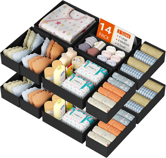 DIMJ Drawer Organizer Clothes 14 Pack - Foldable Baby Organizers and Storage & Dresser Organizer for Bedroom, Closet - Nursery Organization Dresser Dividers for underwear, Sock,Bra, Belt, Tie, Black