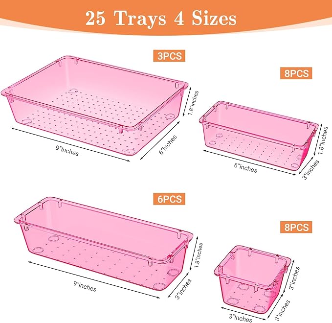 25 PCS Plastic Drawer Organizer Set, 4-Size Versatile Organizer Trays & storage Bins for Makeup, Jewelry, and Gadgets in Bathroom, Bedroom and Office, Clear Pink