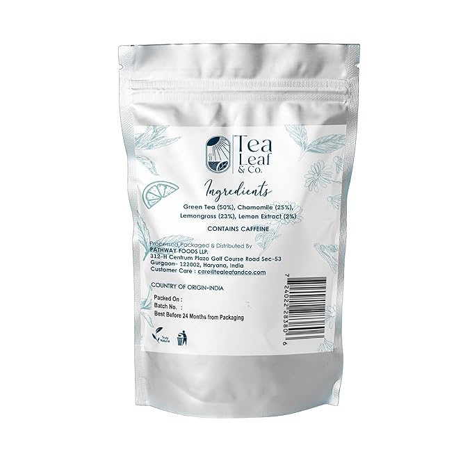 Tea Leaf & Co. Chamomile Green Tea Bags (50 Count), Lemon Extract & Lemongrass Green Tea, Caffeinated, Real & Natural, Blended with Fresh Herbs & Spices, Gluten Free