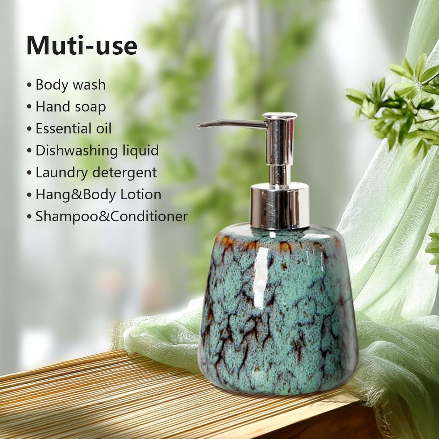 Jessie Hand Soap Dispenser,Green Ceramic Liquid Hand Soap Dispenser with Pump,Modern Vintage Refillable Hand Lotion Pump Bottle for Bathroom Kitchen Set 10.8 oz (Green)