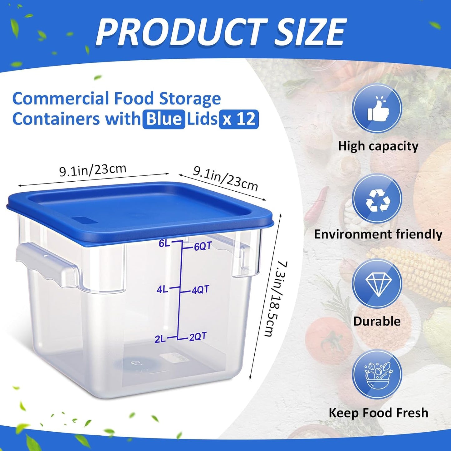 Yungyan 12 Pcs 4 Qt Commercial Food Storage Containers with Lids Restaurant Square Airtight Food Storage Containers Clear Cereal Containers for Kitchen Freezer Dishwasher Pantry(Blue Lid)
