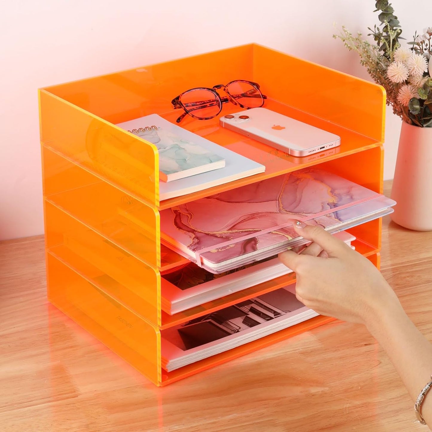 Acrylic File Organizer for Desk 4 Tiered Stackable Letter Tray Office Paper Storage Desktop Document Sorter, Neon Orange
