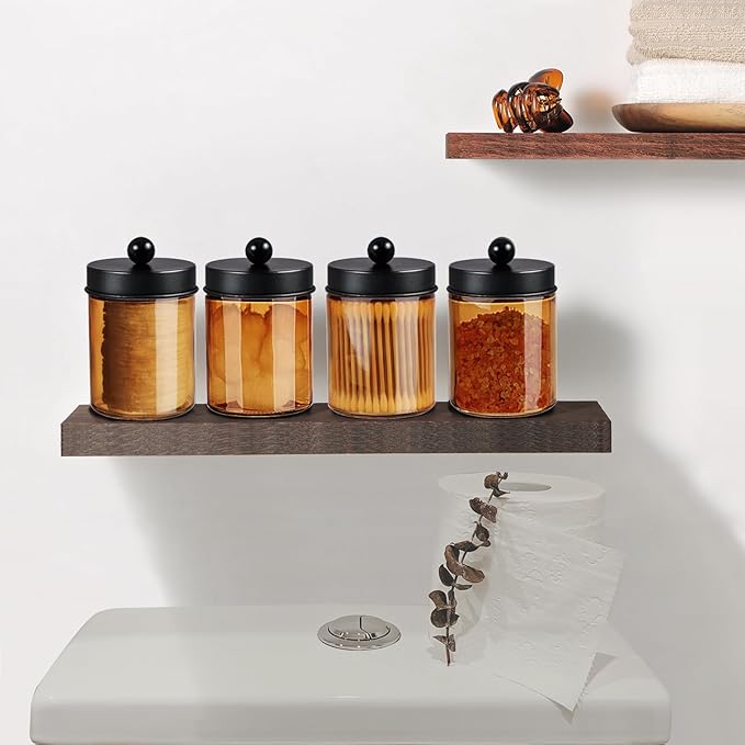 Amolliar Amber Yellow Apothecary Jar With Metal Lid & Waterproof Labels, Qtip Holder Dispenser for Cotton Swabs, Balls, Makeup Pads, Floss Picks, Countertop Bathroom Storage Canister, Black 1 Pack