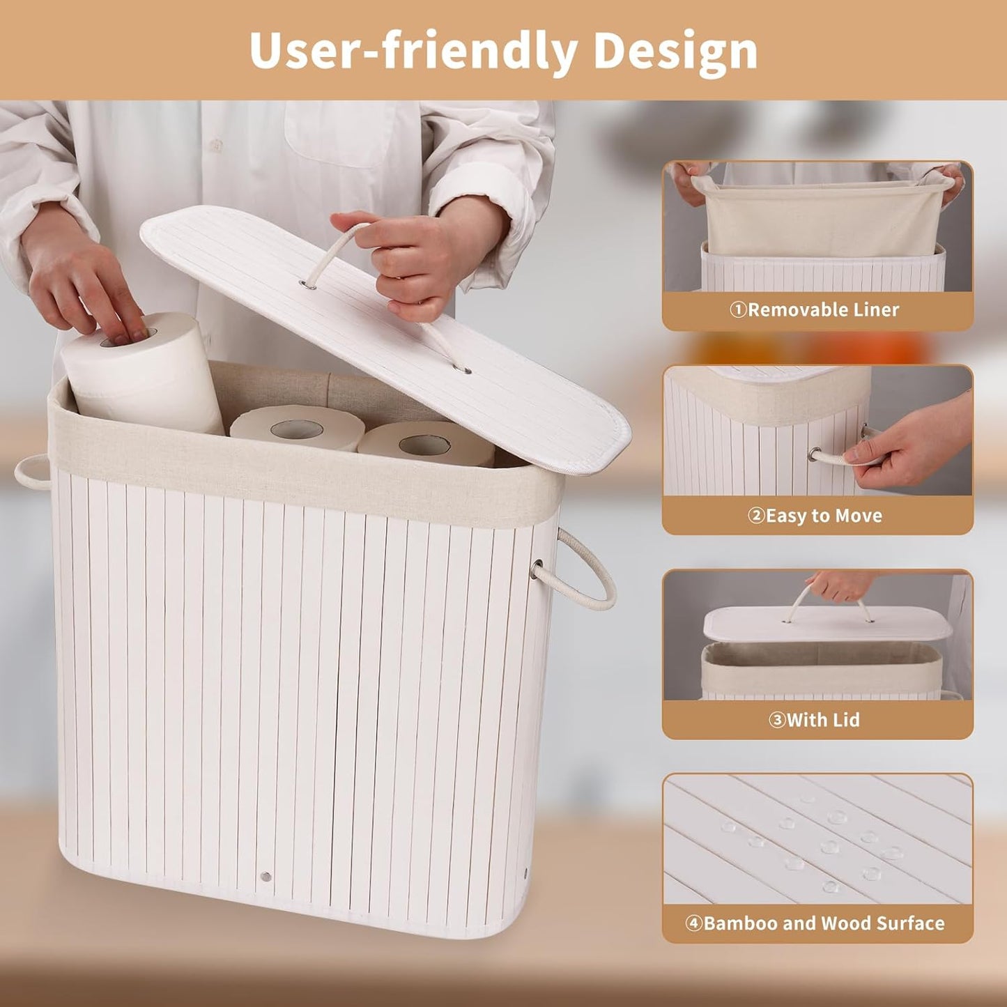 Bamboo Toilet Paper Storage with Lid & Handel, 8 Gallons (30L), Sturdy Toilet Paper Basket, Organizer for Bathroom, Kitchen, Holder with Storage, White