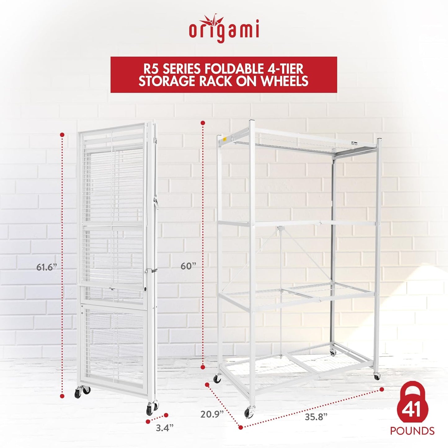 Origami 3-Pack R5 Storage Rack, 4-Tier Heavy-Duty Foldable Steel Shelf with Wheels, White