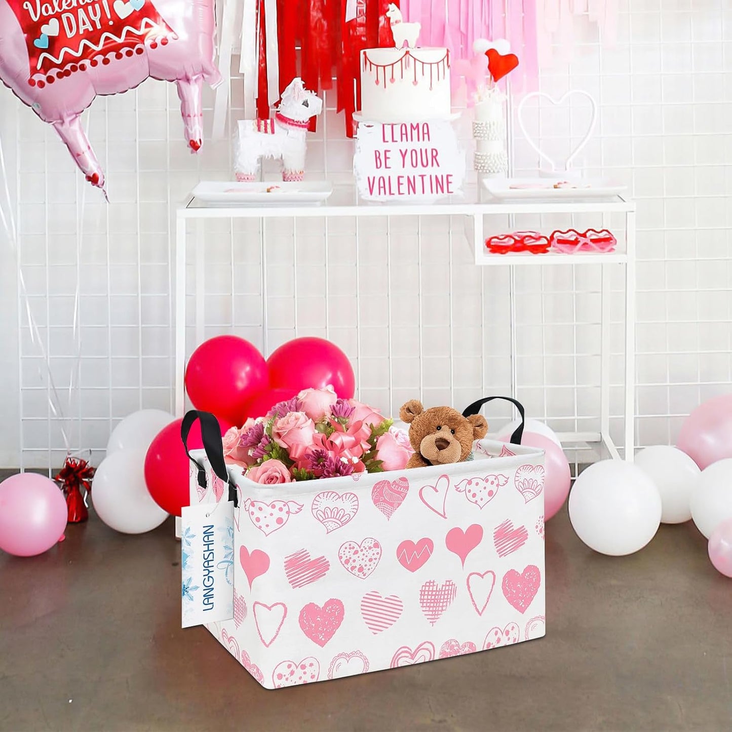 LANGYASHAN Rectangular Storage Bin Collapse Canvas Fabric Cartoon Storage Basket with Handles for Organizing Home Kitchen Boys and Girls Toys Office Closet Shelf Baskets (Rec Angel Heart)