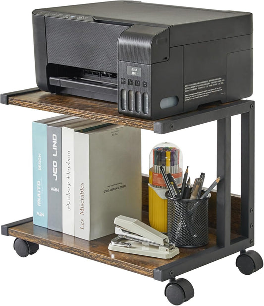 IBUYKE Under Desk Printer Stand,2 Tier Printer Cart,Mobile Home Desktop Organizer Shelf with 4 Wheels,for Fax, Home Office Use，Rustic Brown UTLJ007H