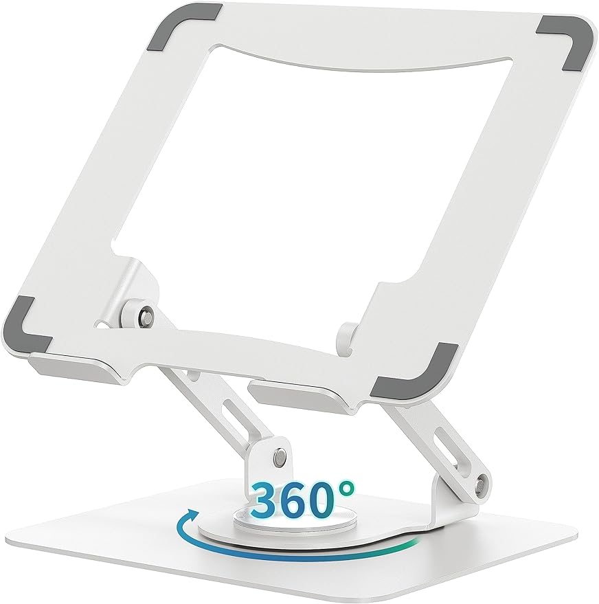 SOUNDANCE Laptop Stand with 360° Rotating Base, Ergonomic Computer Riser for Desk, Adjutable Height Muti-Angle, Foldable Laptop Mount, Stable Metal Holder Support 10-15.6" Notebook PC, White