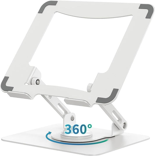 SOUNDANCE Laptop Stand with 360° Rotating Base, Ergonomic Computer Riser for Desk, Adjutable Height Muti-Angle, Foldable Laptop Mount, Stable Metal Holder Support 10-15.6" Notebook PC, White