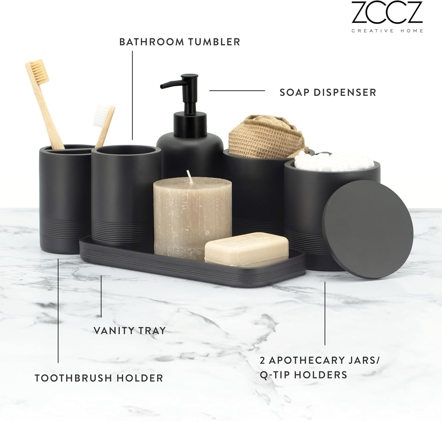 ZCCZ Black Matte Bathroom Accessories Set 6 Pieces - Toothbrush Holder, Lotion Dispenser, Qtip Container, Vanity Tray, Tumbler - Countertop Organizer for Bathrooms - Elegant and Functional Décor Set