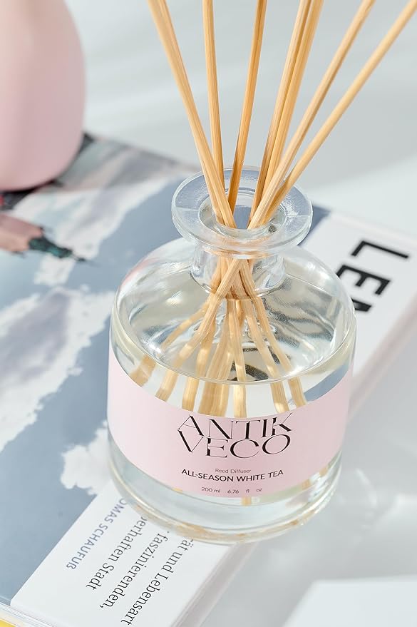 All-Season White Tea Diffuser – Home Fragrance with 8 Rattan Sticks – Long Lasting, Fresh White Tea & Citrus Scent – Non-Toxic, Premium Reed Diffuser for Home or Office – 90 Days