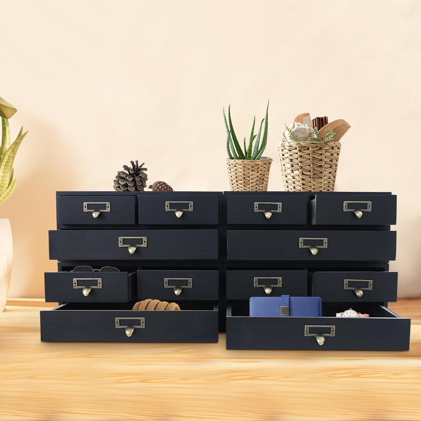 4-Piece Desktop Organizer Set with 3 Drawers, Wood & Metal Drawer Storage, Wooden Desktop Organizer for Store Cosmetics, Jewelry, Letters, Papers, Tea Bags, Sugar Packets (Black)