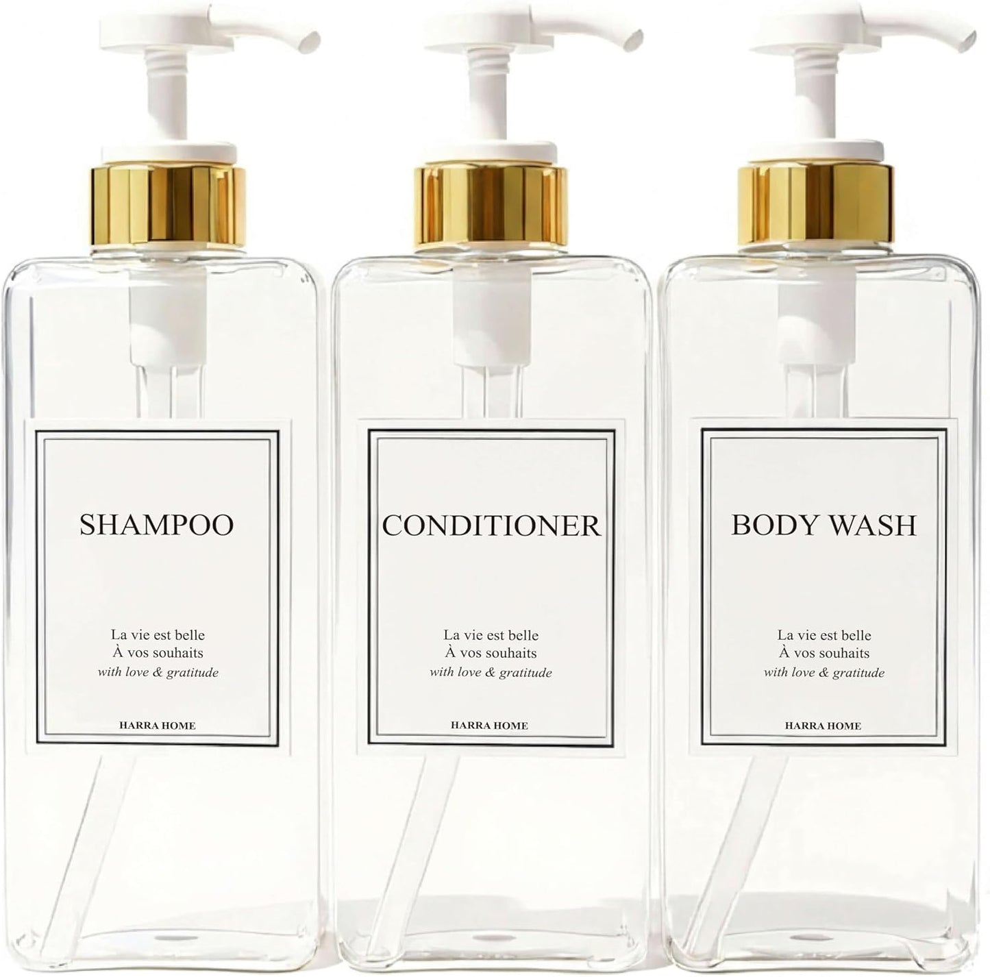 Modern Gold Design 27 oz Shampoo and Conditioner Dispensers - Plastic Refillable Pump Bottle Set for Bathroom Shower Soap Dispenser, Gift Box Included, Set of 3 (Clear & White)