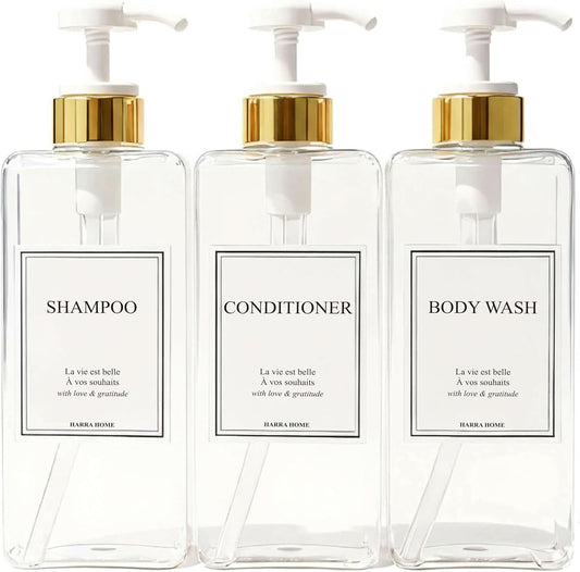 Modern Gold Design 27 oz Shampoo and Conditioner Dispensers - Plastic Refillable Pump Bottle Set for Bathroom Shower Soap Dispenser, Gift Box Included, Set of 3 (Clear & White)