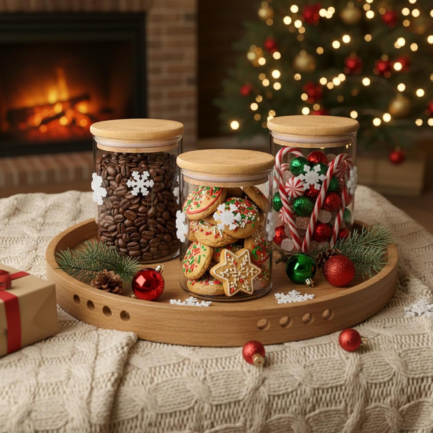 3 Pcs Christmas Icon Glass Storage Jars with Airtight Bamboo Lid White Snowflake Christmas Icon Glass Jars Canister Set for Home Winter Xmaskitchen Countertop