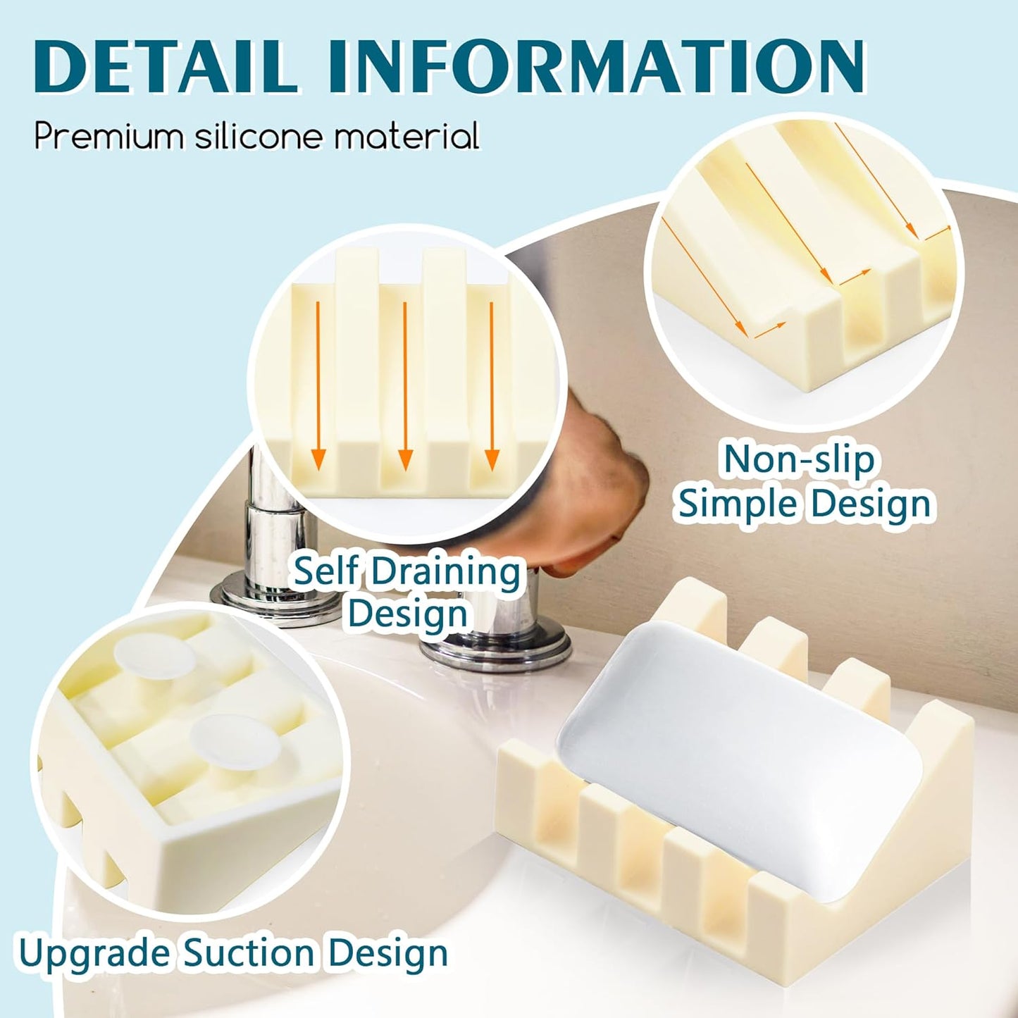 Silicone Soap Dish with Drain, Upgrade Double Suction Cups at The Bottom for Anti-Slip and Stability, Soap Dish Shower Waterfall Bar Soap Holder Tray with Drain Soap Holder (1, CreamWhite)