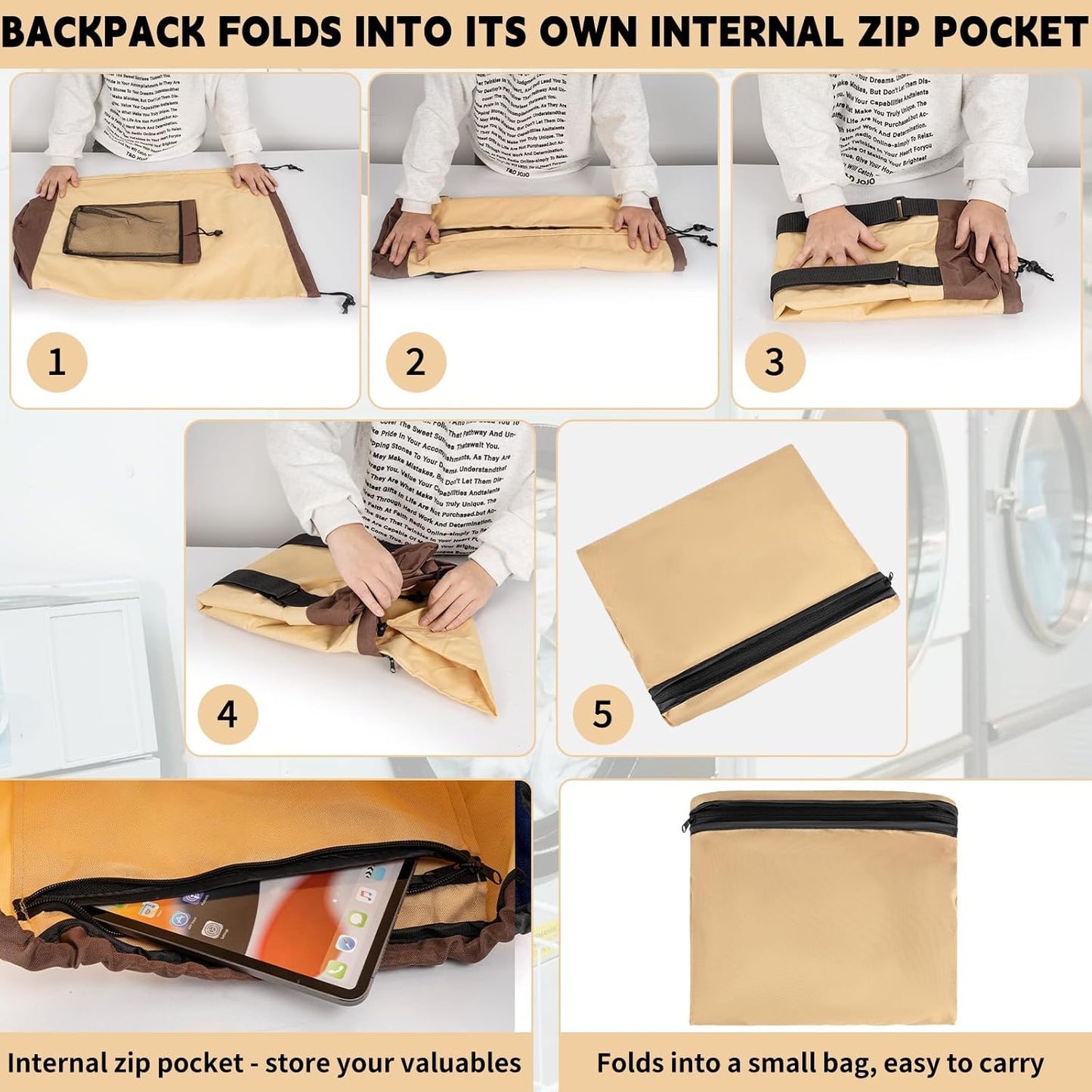 Laundry Bag Backpack with Shoulder Straps and Mesh Pocket Foldable Clothes Hamper Bag with Drawstring Closure for College, Apartment, Laundromat (Brown)