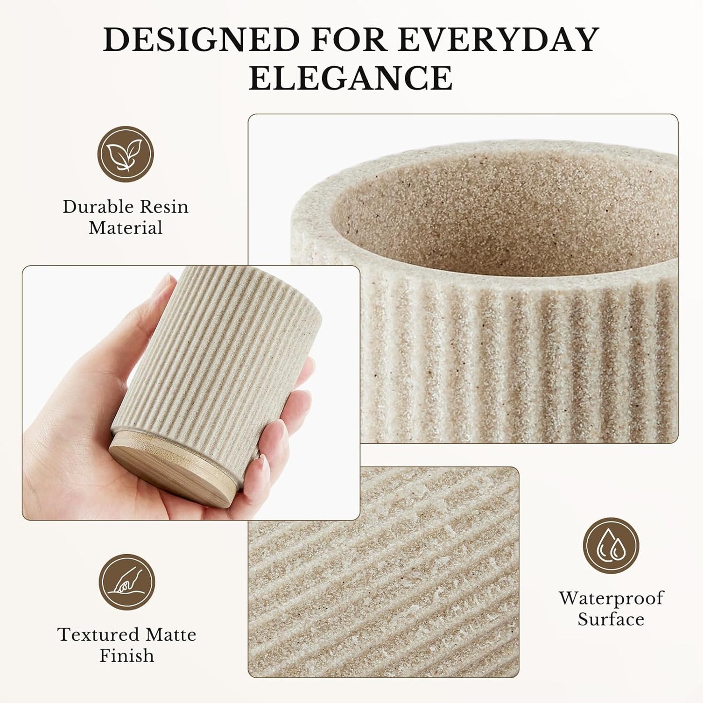 Bathroom Accessories Set, 7PCS Resin Bathroom Set with Bamboo Base, with Soap Dispenser, Q-tip Holder, Toothbrush Holder, Tumbler, Soap Dish, Vanity Tray, Complete Bathroom Set for Modern Decor,Beige