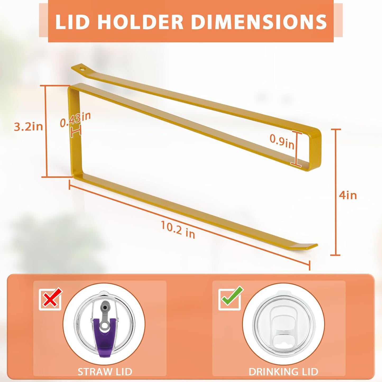 2 Pack Tumbler Lid Organizer, Horizontal Tumbler Lid Storage Hook to Hold Up 20 Lids, Space Saving Cup Lid Holders Under Cabinet Tumbler Lid Hook for Kitchen Organizer, Paper Towel Rack Hanger (Gold)