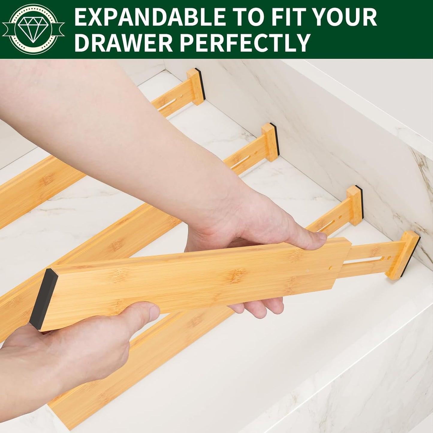 4 Pack Bamboo Drawer Dividers 2.6" High,17-22" Adjustable Spring Loaded Clothes Drawer Organizers for Kitchen, Dresser, Bathroom, Bedroom and Office