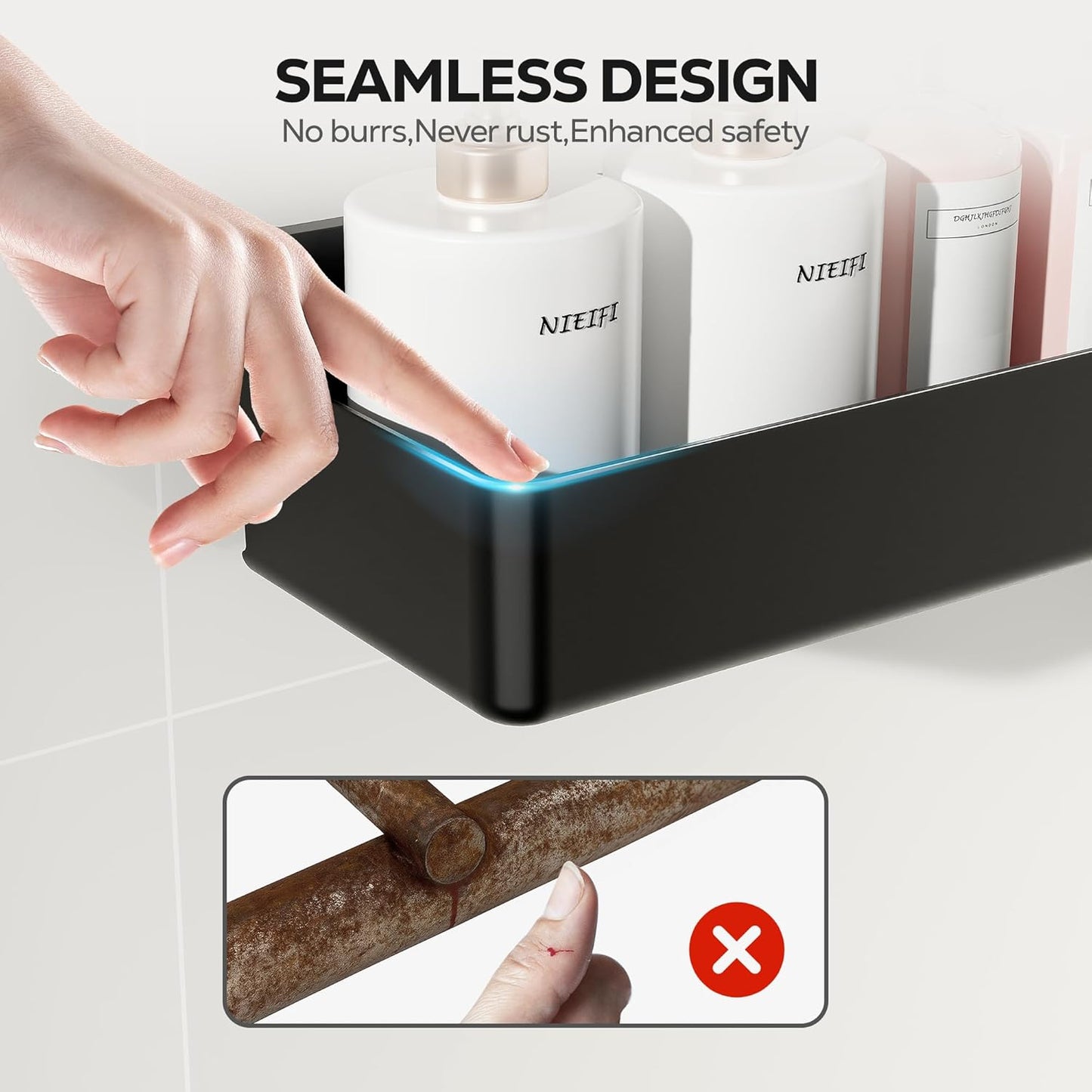 Nieifi Shower Shelves 5 Pack, Adhesive Shower Wall Shelf Organizer for Bathroom Organization, Black