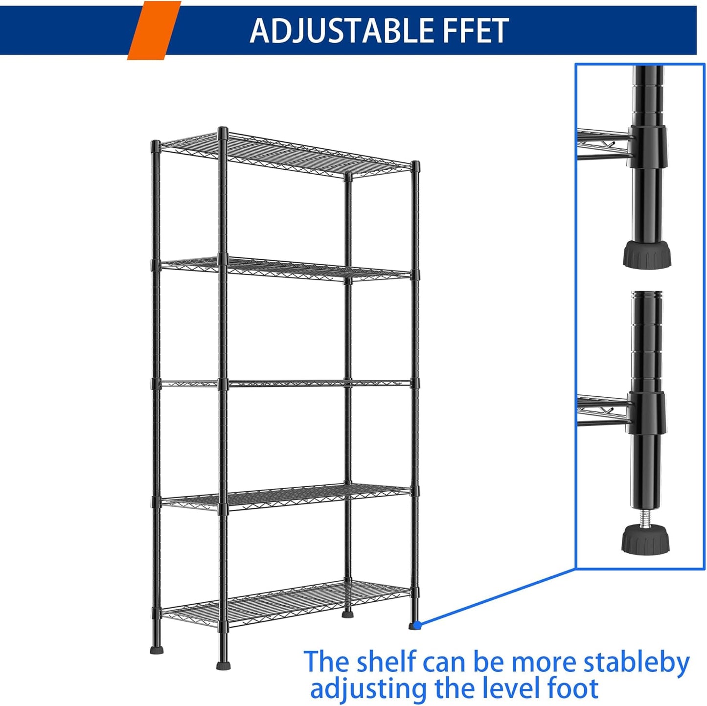 REGILLER 5-Wire Shelving Metal Storage Rack Adjustable Shelves,Standing Storage Shelf Units for Laundry Bathroom Kitchen Pantry Closet(Black,14.1" D x 36.1" W x 71.5" H)